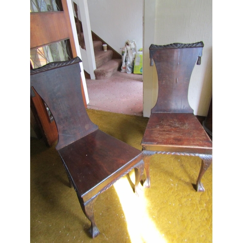 84 - Pair of Irish Antique Mahogany Hall Chairs Claw and Ball Supports Some Wear