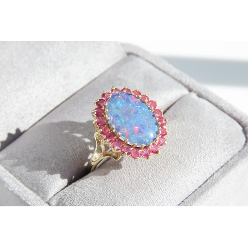 Opal and Ruby Ladies Ring Mounted on 9 Carat Yellow Gold Band Ring Size O and a Half