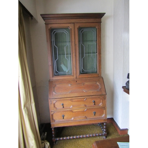 86 - Edwardian Two Door Oak Beurre Bookcase Led Inlaid Glazed Upper Section Above Fitted Interior Approxi... 