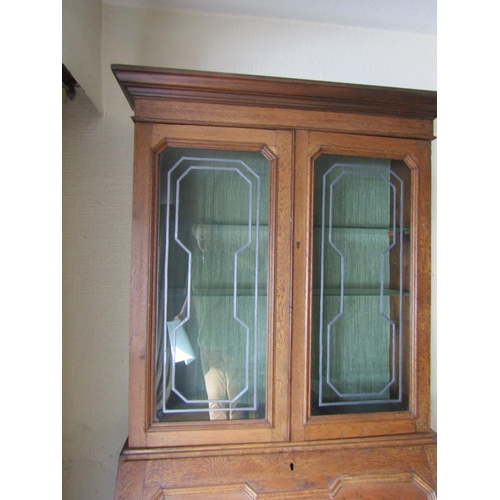 86 - Edwardian Two Door Oak Beurre Bookcase Led Inlaid Glazed Upper Section Above Fitted Interior Approxi... 