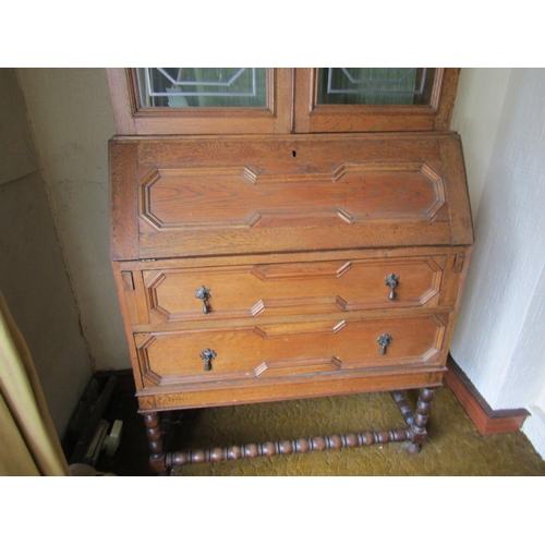 86 - Edwardian Two Door Oak Beurre Bookcase Led Inlaid Glazed Upper Section Above Fitted Interior Approxi... 