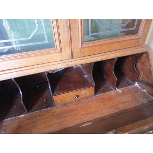 86 - Edwardian Two Door Oak Beurre Bookcase Led Inlaid Glazed Upper Section Above Fitted Interior Approxi... 