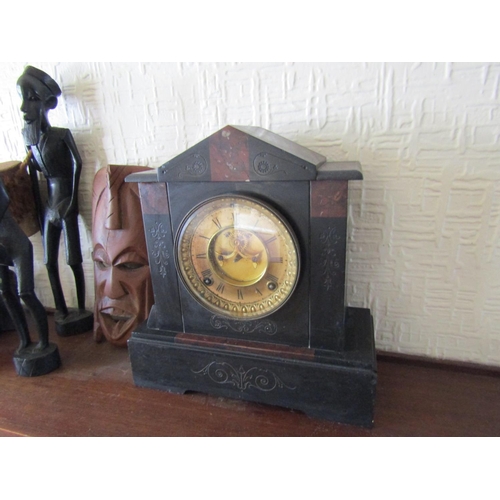 88 - Antique Marble Mantel Clock Inset Brass Dial Roman Numerical Decorated Approximately 11 Inches Wide