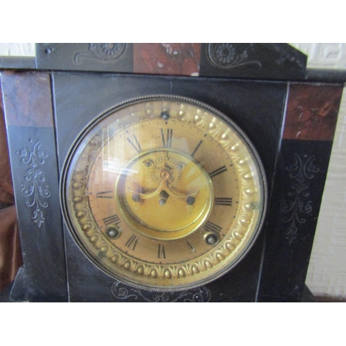 88 - Antique Marble Mantel Clock Inset Brass Dial Roman Numerical Decorated Approximately 11 Inches Wide