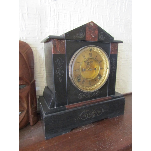 88 - Antique Marble Mantel Clock Inset Brass Dial Roman Numerical Decorated Approximately 11 Inches Wide