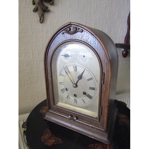 92 - Antique Arch Top Table Clock Engraved Silver Dial Roman Numerical Decorated Approximately 12 Inches ... 