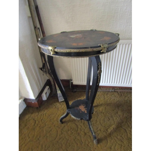 93 - Antique Marquetry Decorated Ebony Circular Form Occasional Table Ormolu Mounts Brass Bound Approxima... 