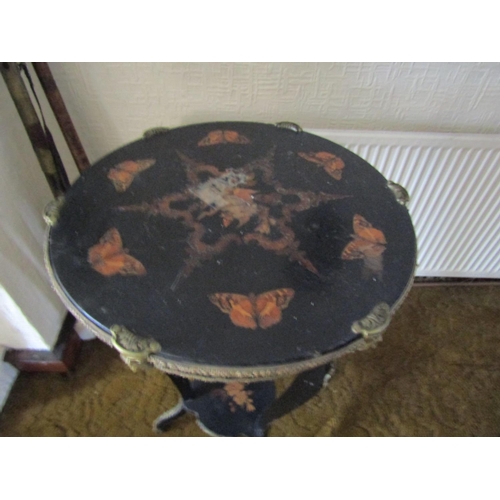 93 - Antique Marquetry Decorated Ebony Circular Form Occasional Table Ormolu Mounts Brass Bound Approxima... 