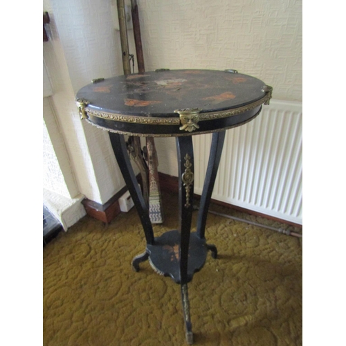 93 - Antique Marquetry Decorated Ebony Circular Form Occasional Table Ormolu Mounts Brass Bound Approxima... 