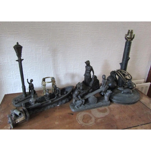 99 - Various Bronzed Items Including Sculpture of Curragh with Fishermen Quantity As Photographed