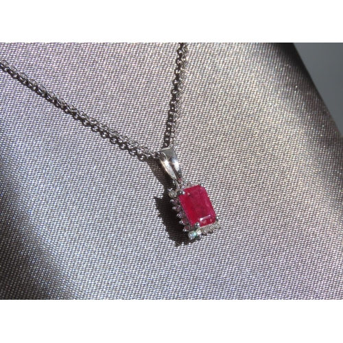 108 - 9 Carat White Gold Ruby and Diamond Cluster Pendant Set on 9 Carat White Gold Chain Pendant 1.5cm Hi... 