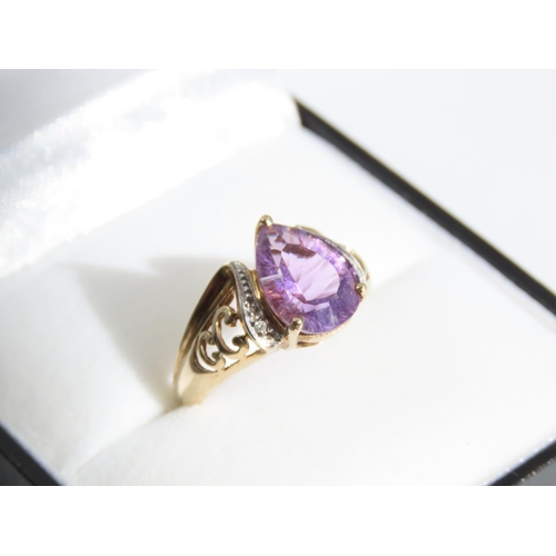 119 - Amethyst and Diamond Set 9 Carat Yellow Gold Ring Three Claw Setting  Ring Size N and a Half