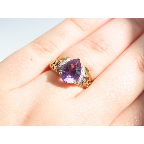 119 - Amethyst and Diamond Set 9 Carat Yellow Gold Ring Three Claw Setting  Ring Size N and a Half