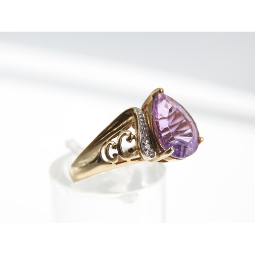 119 - Amethyst and Diamond Set 9 Carat Yellow Gold Ring Three Claw Setting  Ring Size N and a Half