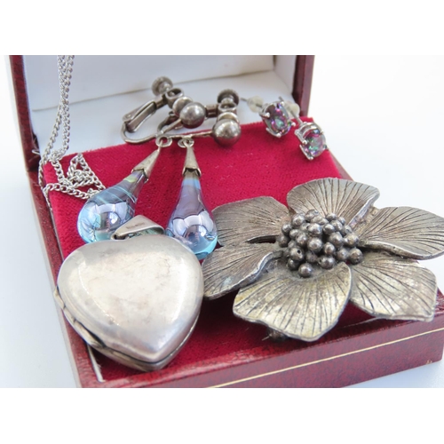 168 - Ladies Silver Brooch Heart Motif Silver Pendant Silver Chain Two Pairs of Ladies Earrings Silver Mou... 