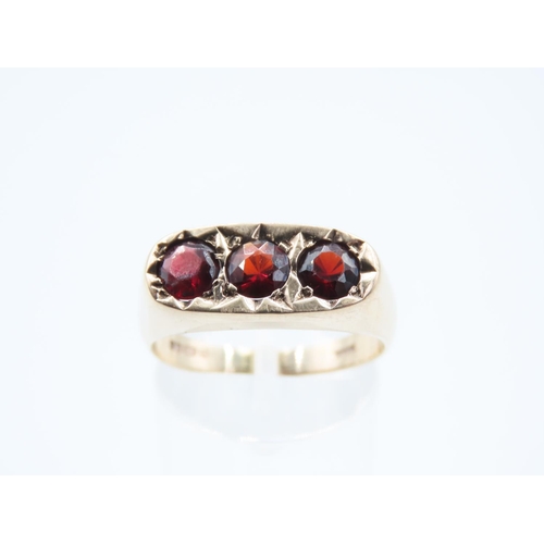 17 - Three Stone Garnet Set Ladies Ring Mounted on 9 Carat Yellow Gold Band Ring Size S and a Half