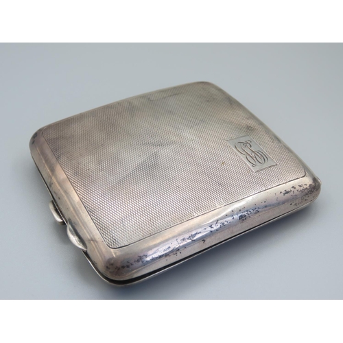 180 - George V Silver Cigarette Case Hinged Cover with Engine Turned Decoration Hallmarked 1930 9cm Wide