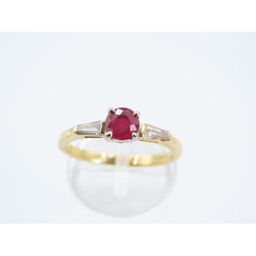 198 - Ruby and Diamond Centre Stone Ring Four Claw Setting Mounted on 18 Carat Yellow Gold Band Ring Size ... 