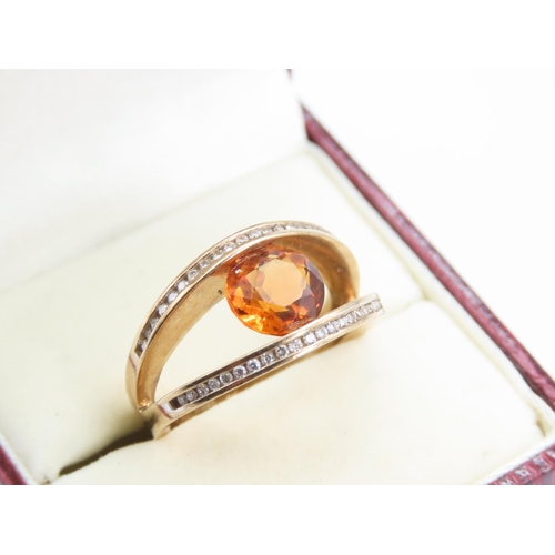 203 - Cognac Citrine and Diamond Set Double Band Ladies 9 Carat Yellow Gold Ring Size O