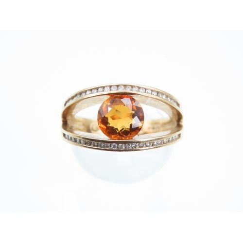 203 - Cognac Citrine and Diamond Set Double Band Ladies 9 Carat Yellow Gold Ring Size O