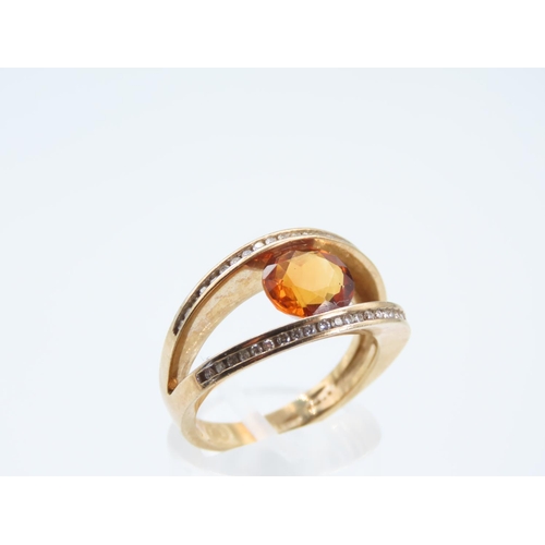 203 - Cognac Citrine and Diamond Set Double Band Ladies 9 Carat Yellow Gold Ring Size O