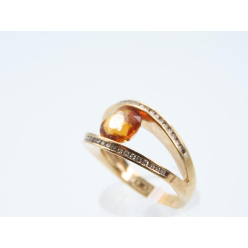 203 - Cognac Citrine and Diamond Set Double Band Ladies 9 Carat Yellow Gold Ring Size O