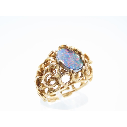 205 - Opal Centre Stone Ring Mounted on 9 Carat Yellow Gold Band Attractively Detailed Ring Size M