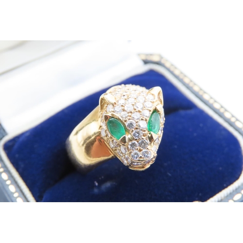 23 - 18 Carat Yellow Gold Emerald and Diamond Set Panther Motif Ring Band Size O
