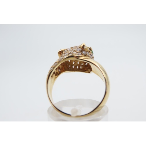 23 - 18 Carat Yellow Gold Emerald and Diamond Set Panther Motif Ring Band Size O