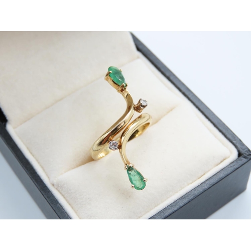 236 - Emerald and Diamond Ladies Ring Modernist Form Set in 18 Carat Yellow Gold Ring Size I