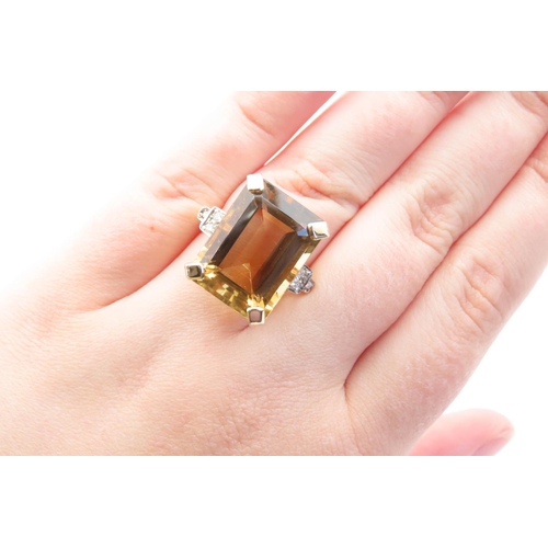 24 - Citrine and Diamond Ladies Ring Emerald Cut Mounted on 18 Carat Yellow Gold Ring Size N