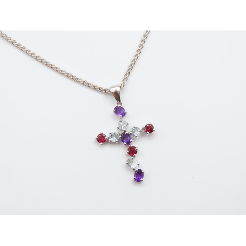 245 - Ruby, Amethyst and Aquamarine Set Crucifix Pendant Necklace Set on 9 Carat White Gold Chain 45cm Lon... 