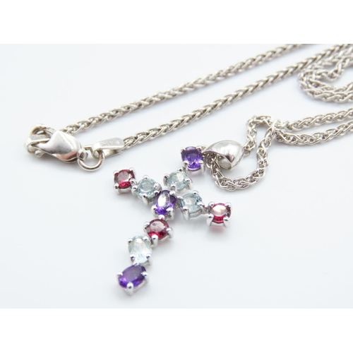 245 - Ruby, Amethyst and Aquamarine Set Crucifix Pendant Necklace Set on 9 Carat White Gold Chain 45cm Lon... 