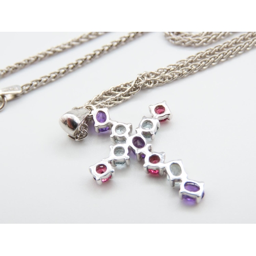 245 - Ruby, Amethyst and Aquamarine Set Crucifix Pendant Necklace Set on 9 Carat White Gold Chain 45cm Lon... 