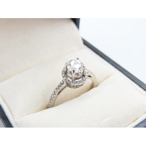 257 - Diamond Solitaire Ring Halo Set Further Diamond Decorated Band 18 Carat White Gold Attractively Deta... 