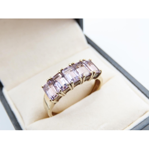 258 - Amethyst Five Stone Emerald Cut Ladies Ring Mounted on 9 Carat Yellow Gold Band Ring Size W