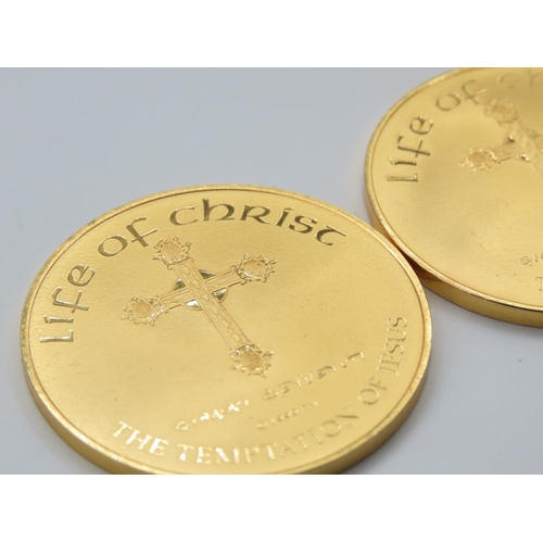 3 - Two Silver Tokens 24 Carat Gold Gilding 'Life of Christ, The Nativity' and 'The Temptation of Jesus'