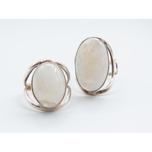 310 - Two Silver Moonstone Set Ladies Rings Vintage Size M and Size P to Q Adjustable Width Band