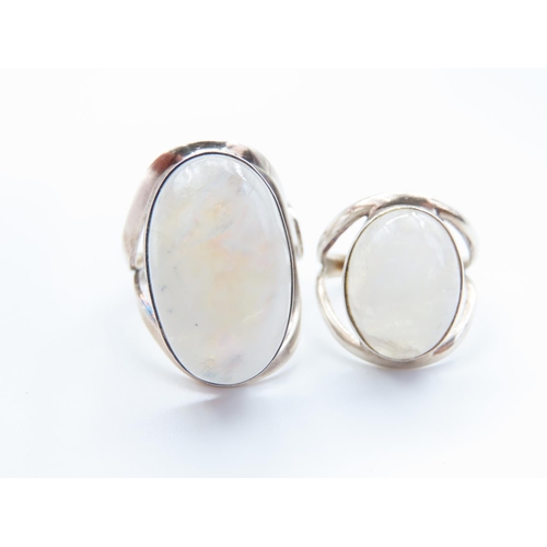 310 - Two Silver Moonstone Set Ladies Rings Vintage Size M and Size P to Q Adjustable Width Band