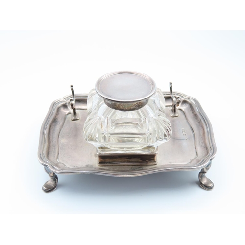 313 - Desk Ink Well Silver Hallmarked with Silver Mounted Ink Well Cut Crystal Tapering Form Stand 15cm Wi... 