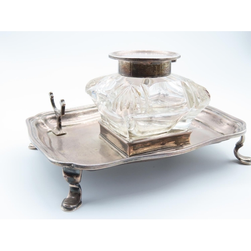 313 - Desk Ink Well Silver Hallmarked with Silver Mounted Ink Well Cut Crystal Tapering Form Stand 15cm Wi... 