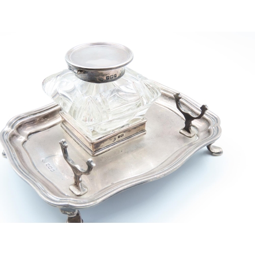 313 - Desk Ink Well Silver Hallmarked with Silver Mounted Ink Well Cut Crystal Tapering Form Stand 15cm Wi... 