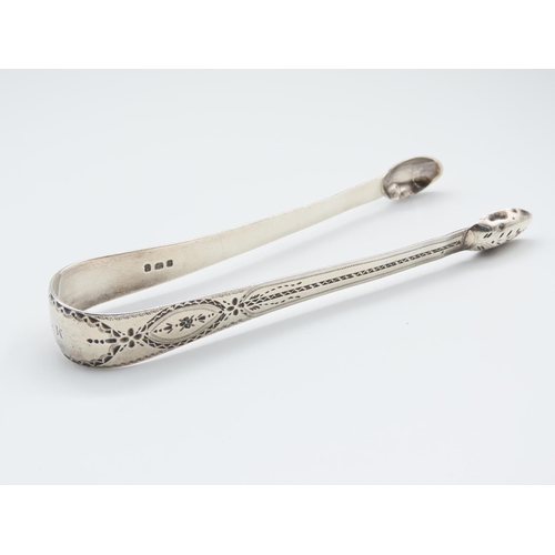 327 - Pair of Silver Sugar Tongs Bright Cut Detailing 14cm Long