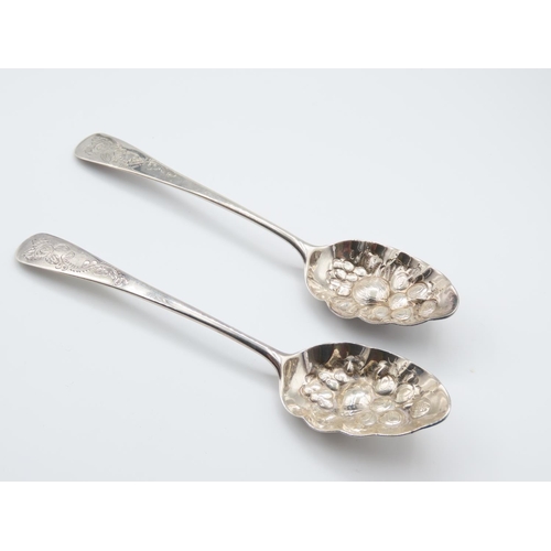 328 - Pair of Silver Berry Spoons Incised Decoration Embossed Wells Each 17cm Long