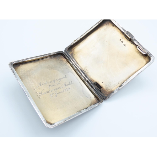 332 - Silver Cigarette Case Hinged Cover Engine Detailing to Entire Inscription Interior 'A Token of Regar... 