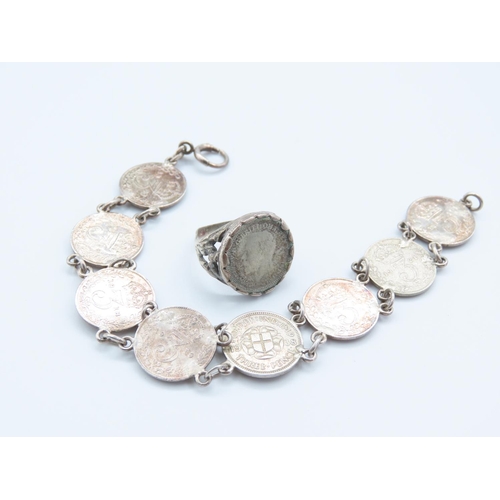 338 - George VI Coin Decorated Ladies Bracelet Silver Articulated Form 20cm Long and Silver Coin Decorated... 