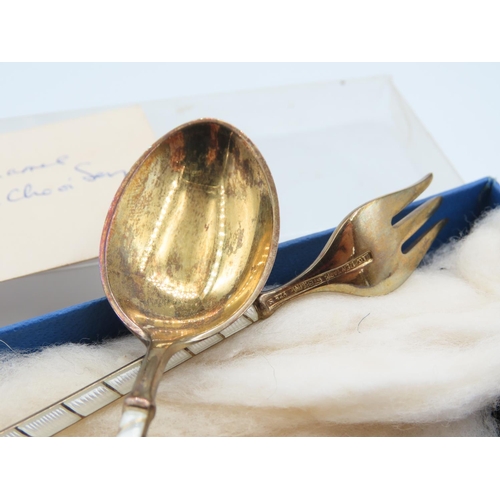 357 - Danish Silver Dessert Fork and Teaspoon with Two Other Teaspoons Enamel Decorated Four in Lot