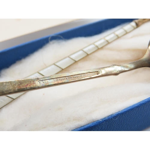 357 - Danish Silver Dessert Fork and Teaspoon with Two Other Teaspoons Enamel Decorated Four in Lot