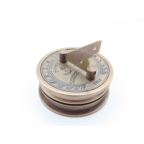 358 - Bronze Cased Compass with Sundial Fold Up Leader 5cm Diameter