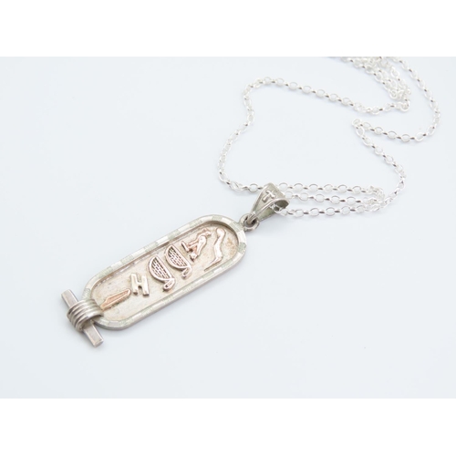 373 - 9 Carat Rose Decorated Silver Hieroglyphic Motif Pendant Set on Silver Chain 50cm Long